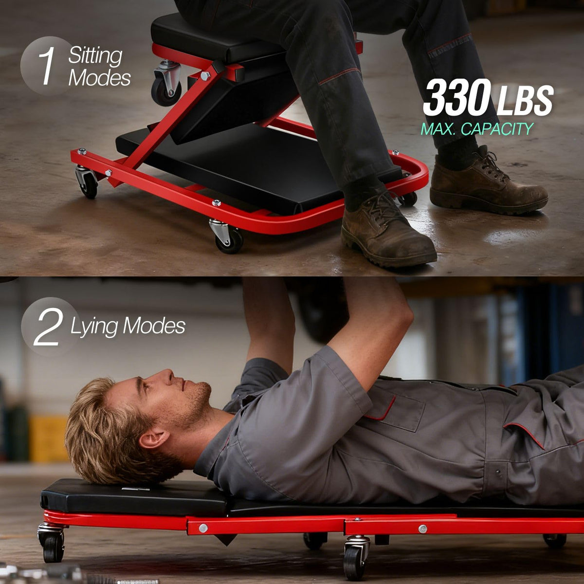 40 Inches 2 IN 1 Rolling Folding Car Creeper/Seat Red W297708