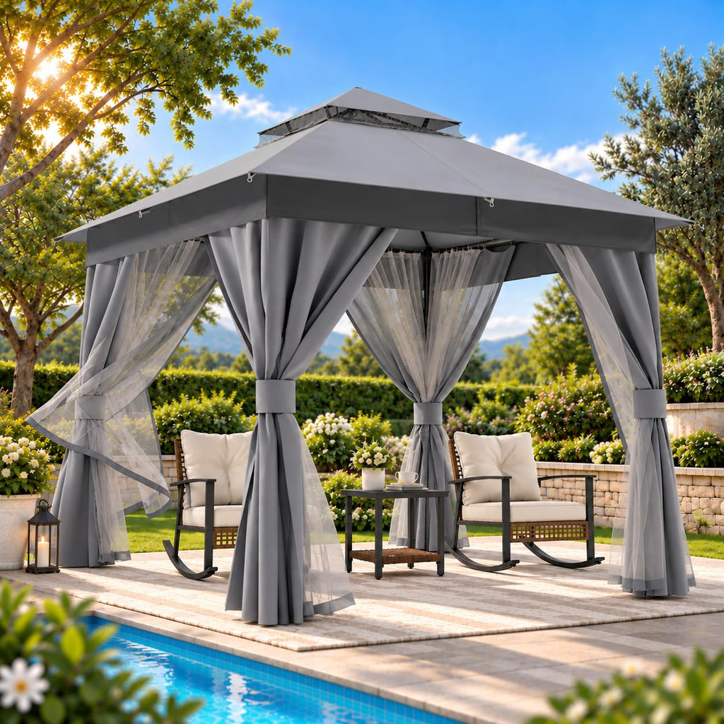 8x8 Gazebo Canopy with Netting, Curtains & Double Roof D887422