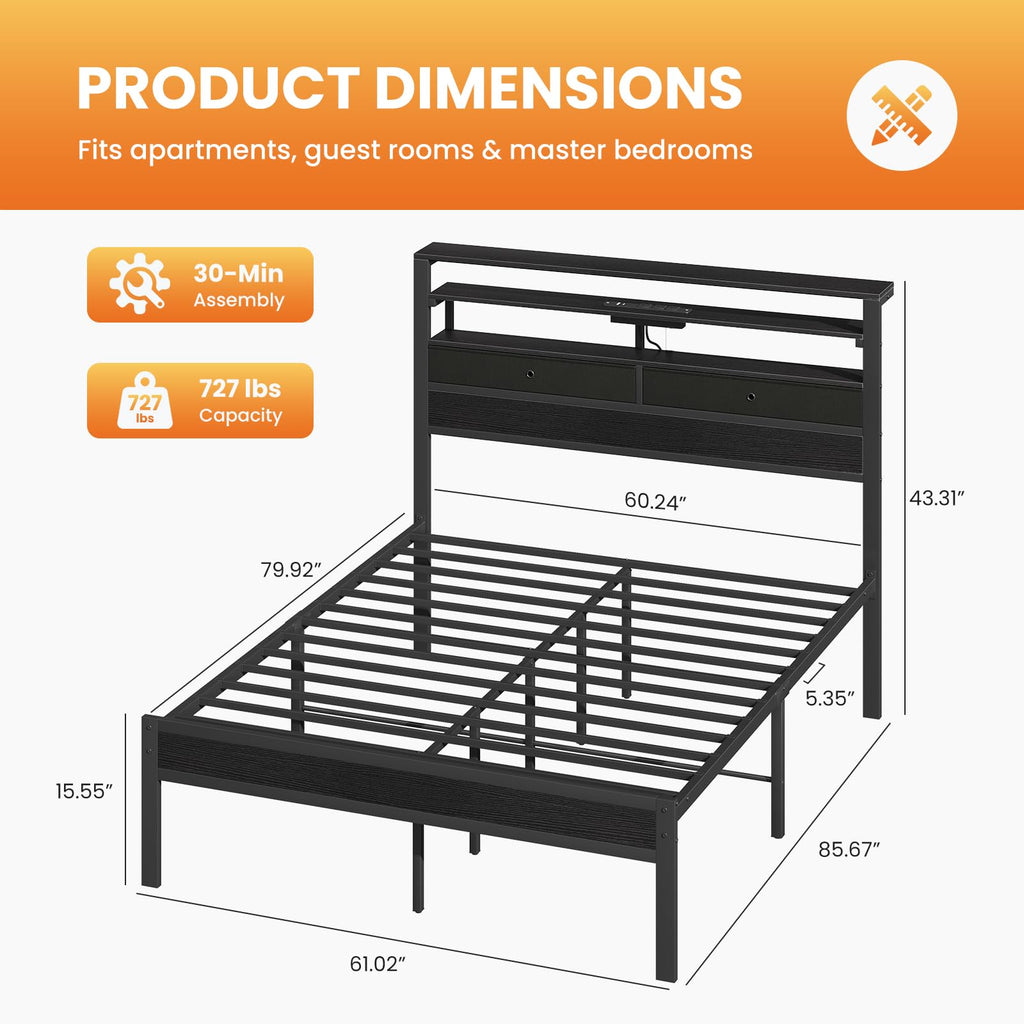 Queen Bed Frame with LED Lights and Charging Station E388026