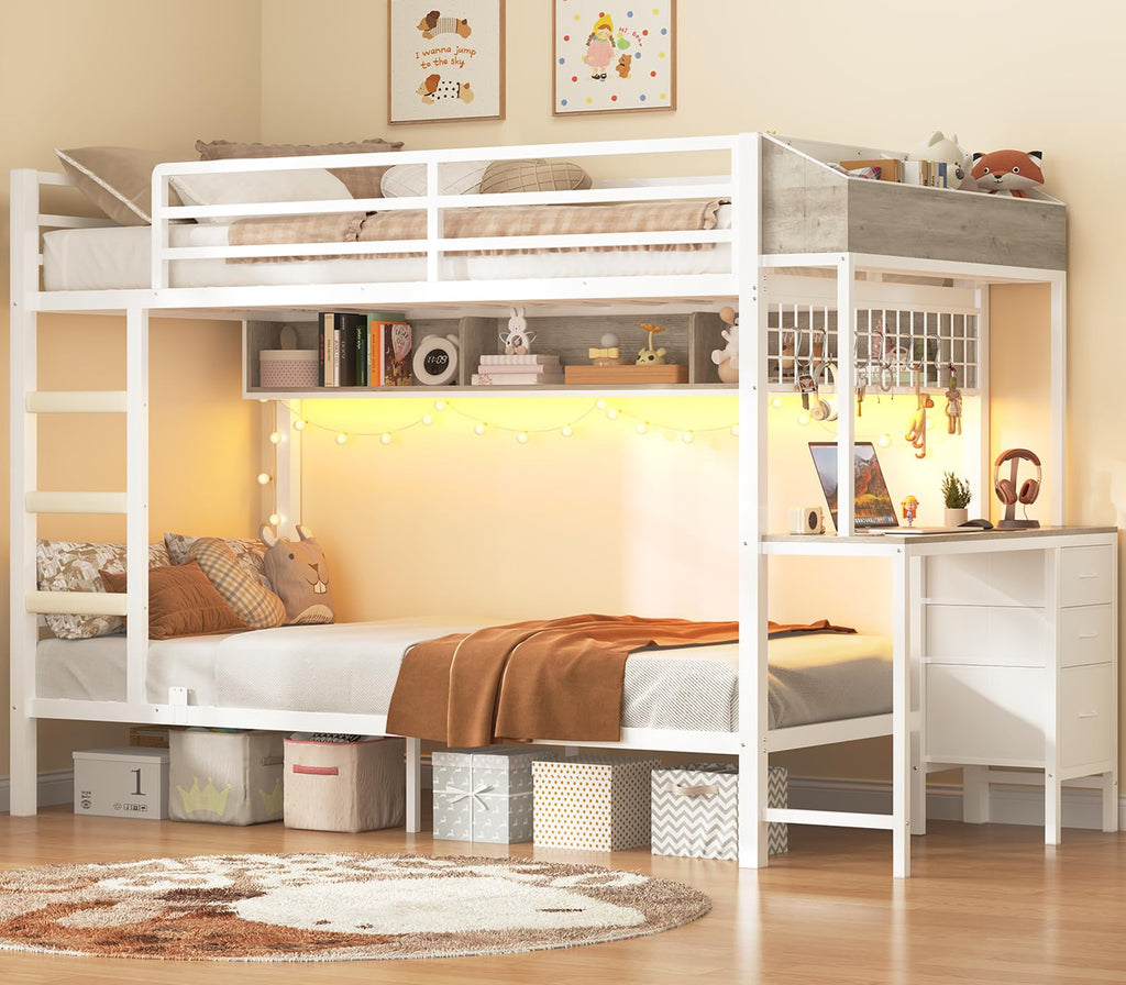 White Twin Over Twin Metal Bunk Bed with Desk and 3 Storage Drawers G1318