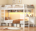 White Twin Over Twin Metal Bunk Bed with Desk and 3 Storage Drawers G1318