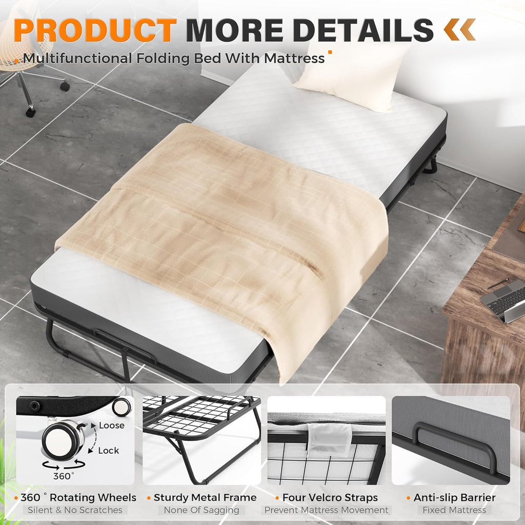 Foldable Single Bed with 5" Memory Foam Mattress and Wheels U89918