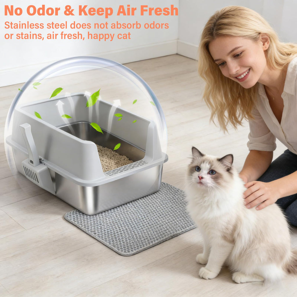 XL Stainless Steel Cat Litter Box with Lid and Scoop Z29226