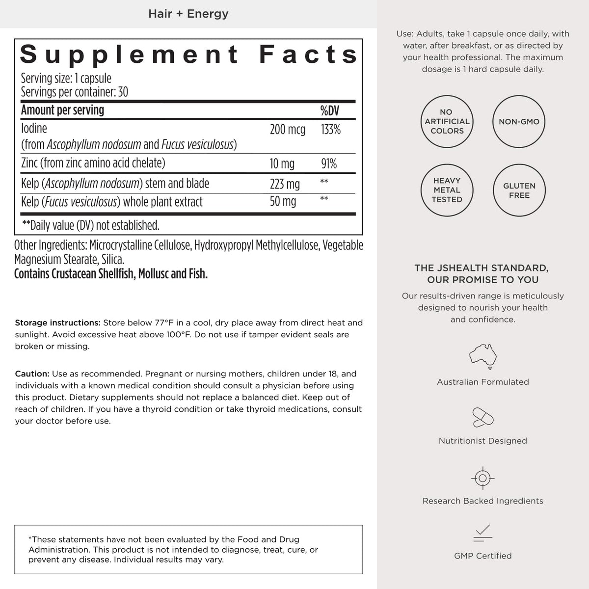 Hair Growth Vitamins with Kelp Iodine and Zinc 30 Capsules Q4894