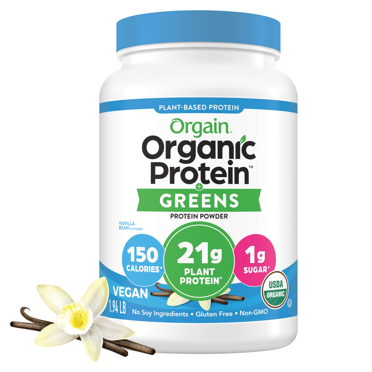 Organic Vegan Protein Powder + Greens Vanilla Bean 21g Plant Based Gluten Free Dairy Free 1.94lb T97235