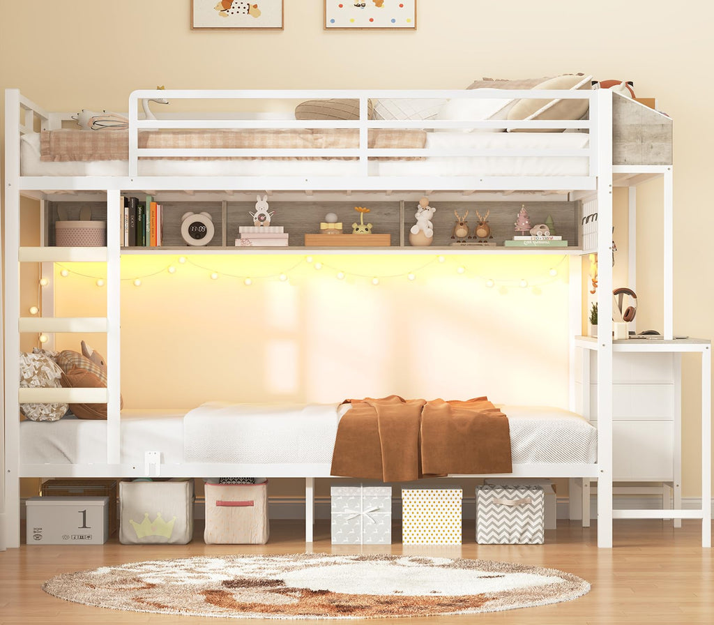 White Twin Over Twin Metal Bunk Bed with Desk and 3 Storage Drawers G1318