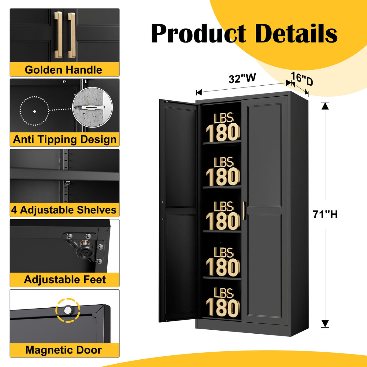 71" Metal Pantry Storage Cabinet with Doors & 4 Adjustable Shelves R48757