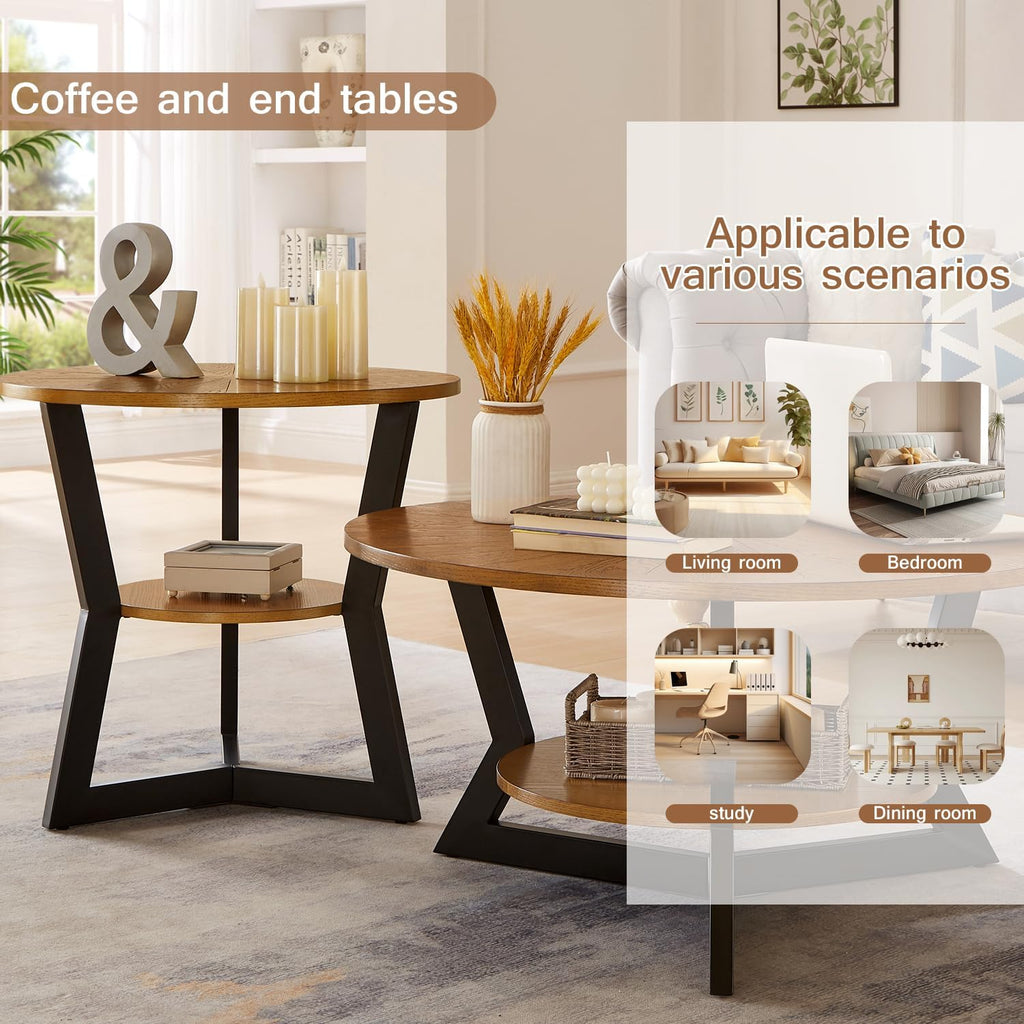 Brown 2-Tier Solid Wood Round Coffee Table I19197
