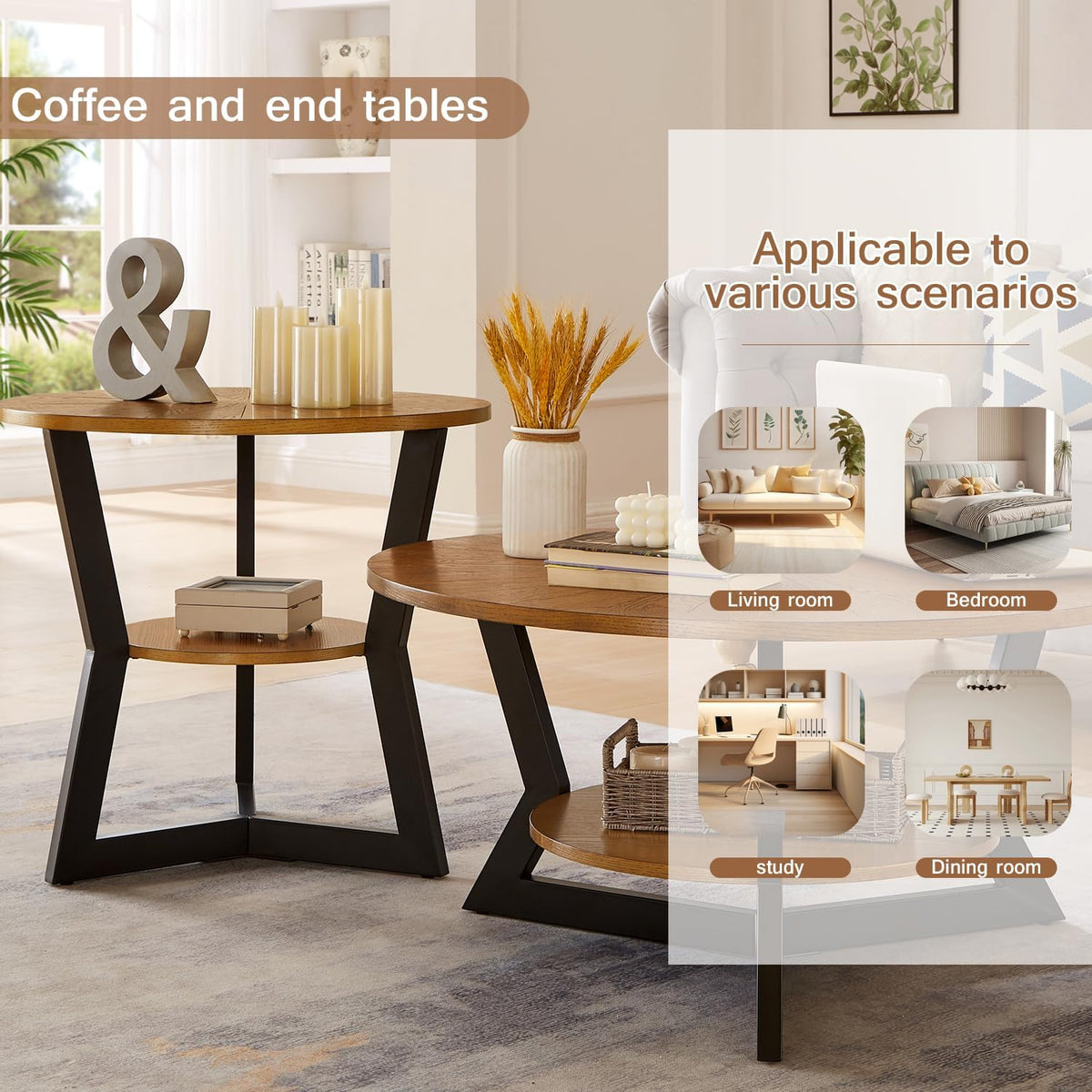 Brown 2-Tier Solid Wood Round Coffee Table I19197
