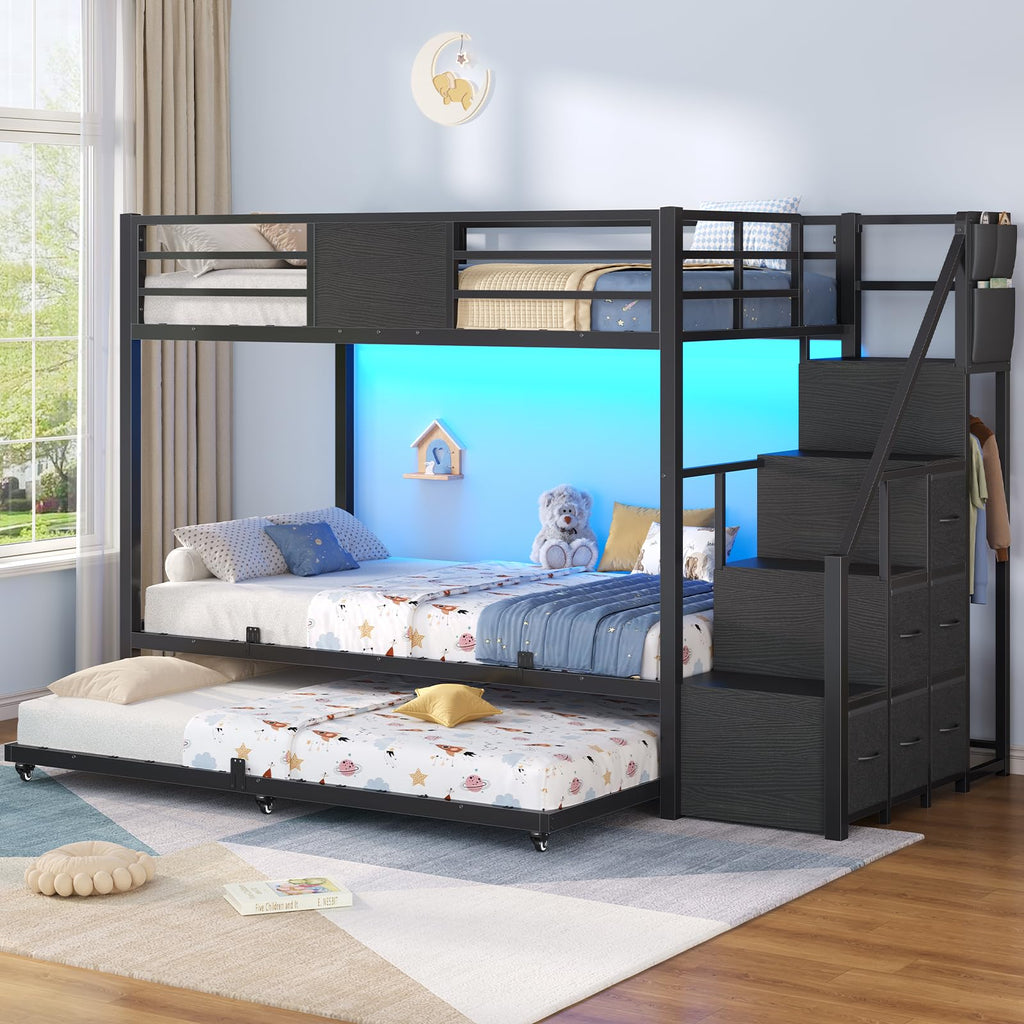 Twin Over Twin Bunk Bed with Trundle, Stairs, 6 Drawers, LED Lights L801