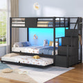 Twin Over Twin Bunk Bed with Trundle, Stairs, 6 Drawers, LED Lights L801