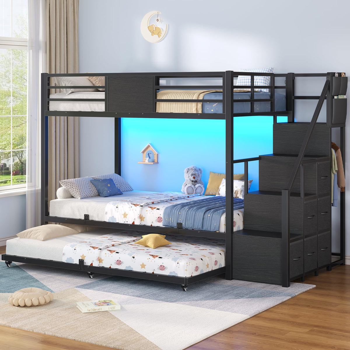 Twin Over Twin Bunk Bed with Trundle, Stairs, 6 Drawers, LED Lights L801