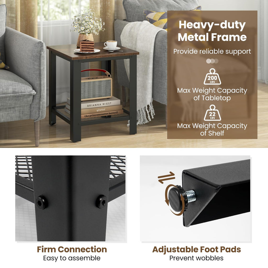 2-Tier End Table Set of 2, 16 Inch Side Table with Mesh Storage Shelf P686
