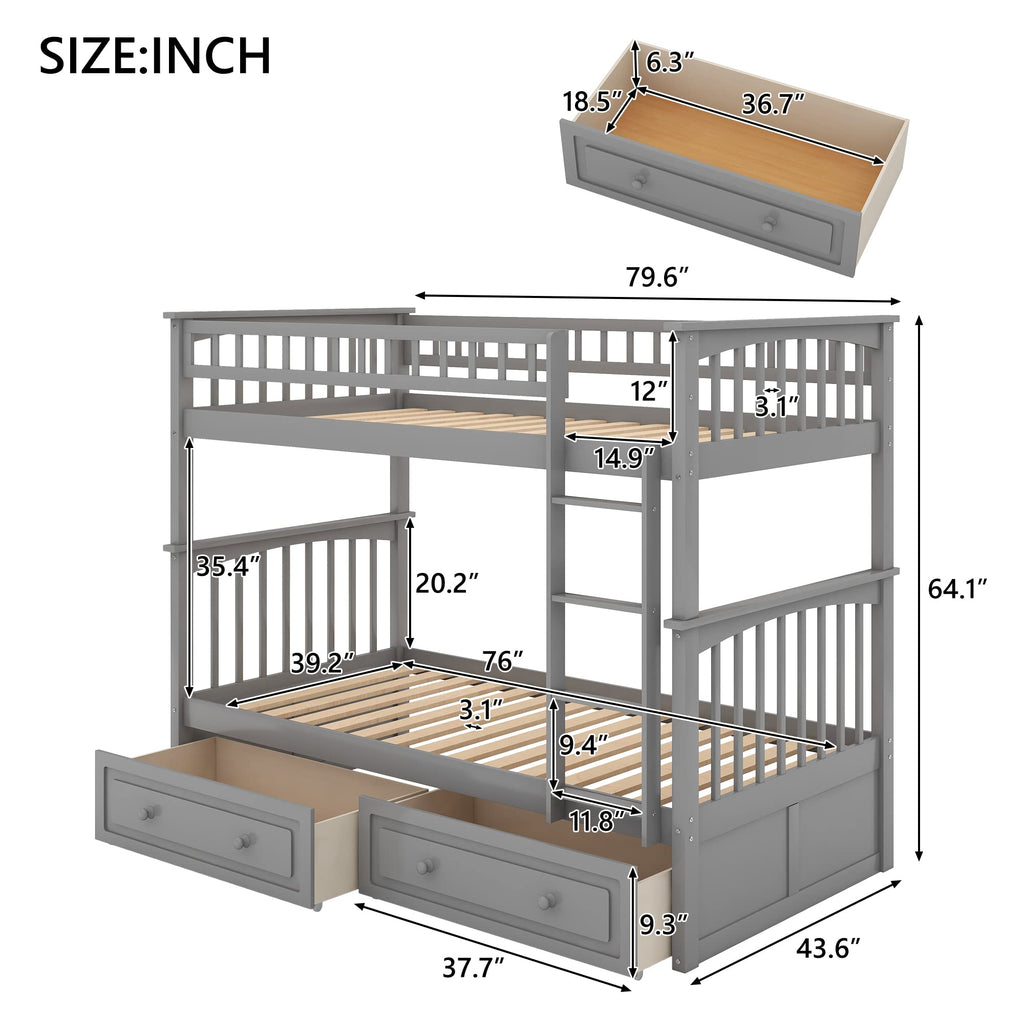 Grey Convertible Wood Twin-Over-Twin Bunk Bed with Storage Drawers and Ladder P7357