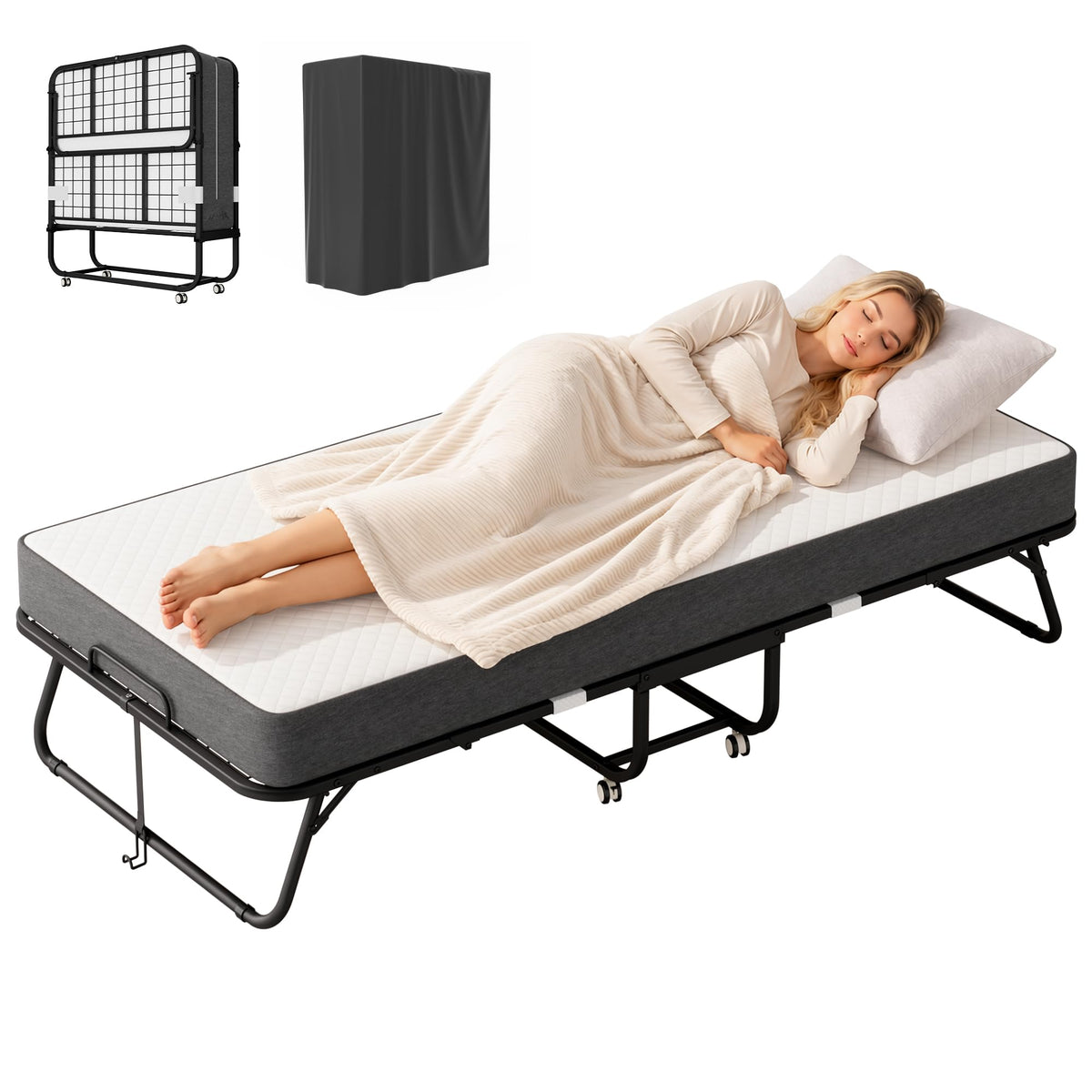 Foldable Single Bed with 5" Memory Foam Mattress and Wheels U89918