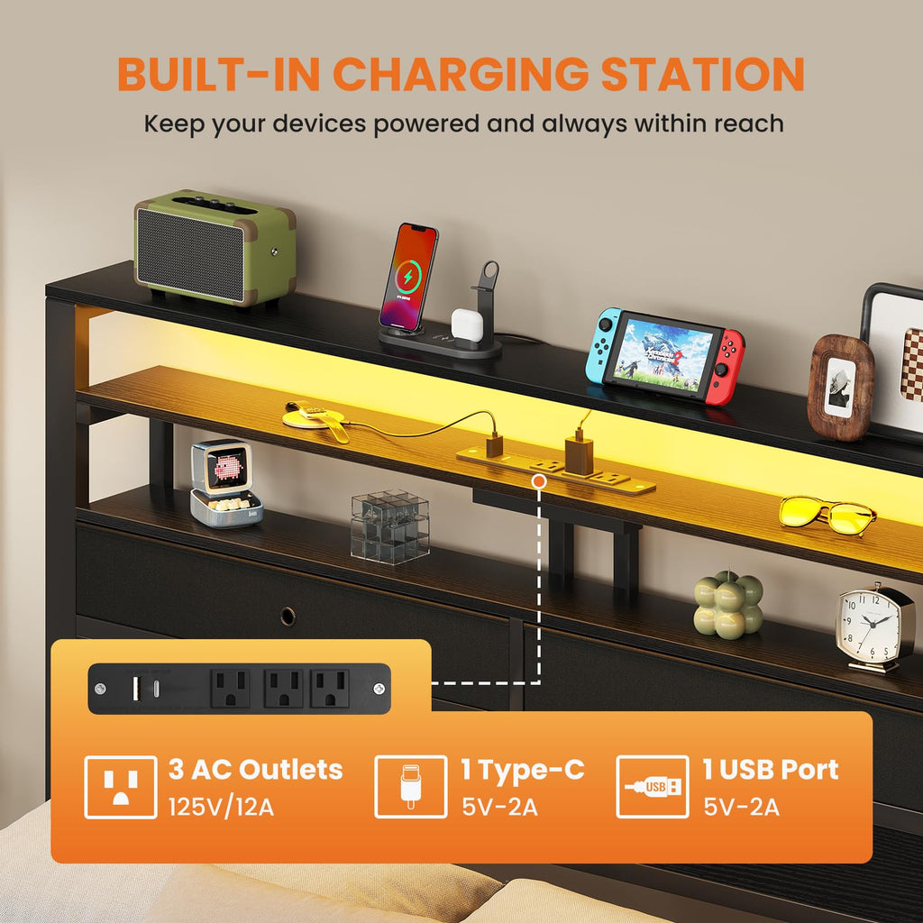 Queen Bed Frame with LED Lights and Charging Station E388026
