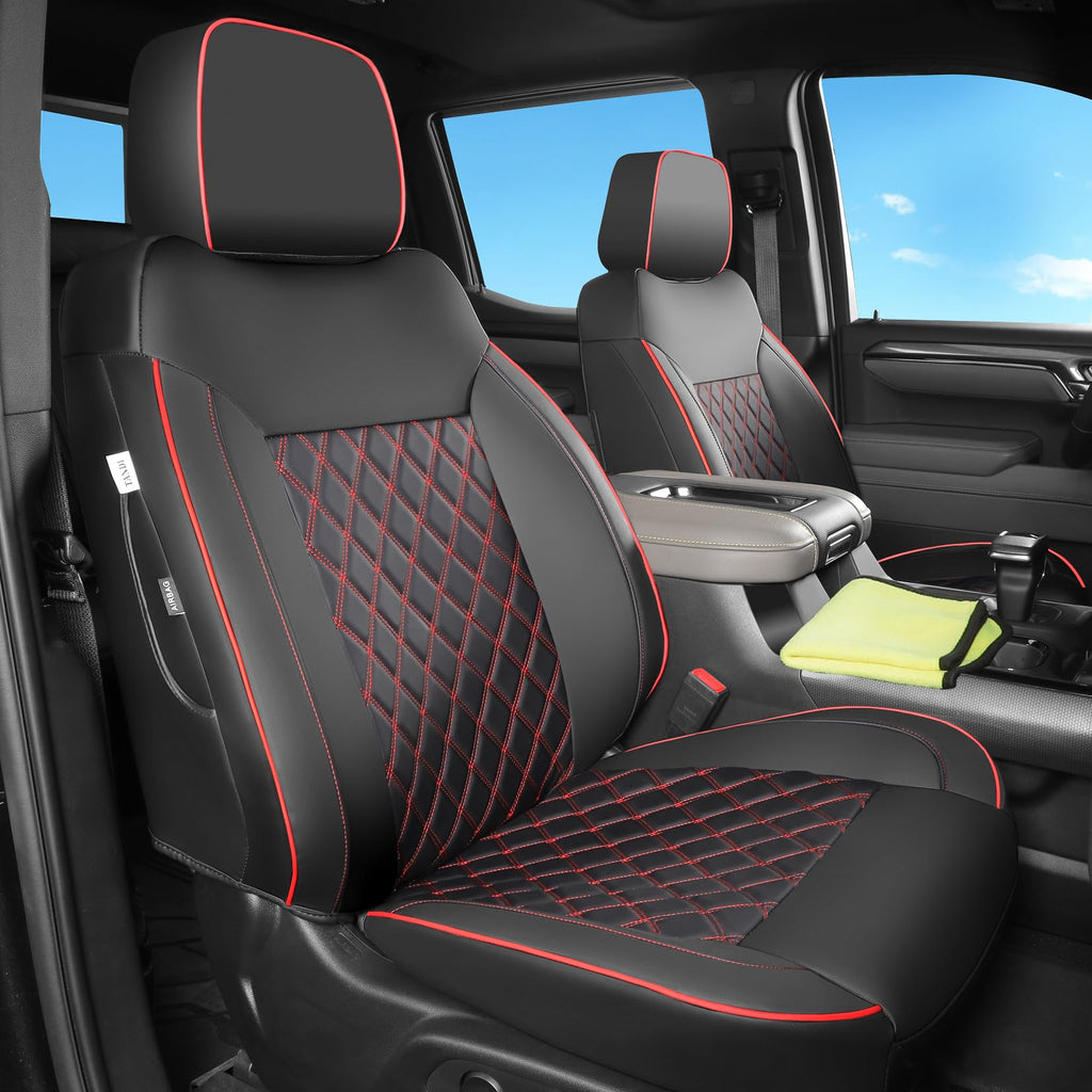 Faux Leather Seat Covers Full Set Black with Red Trim W251886