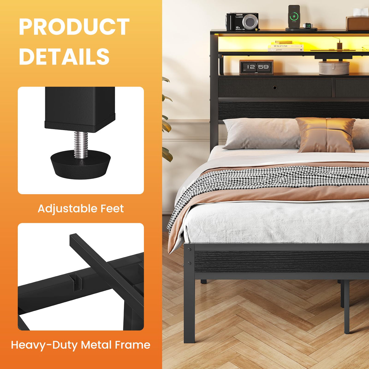 Queen Bed Frame with LED Lights and Charging Station E388026