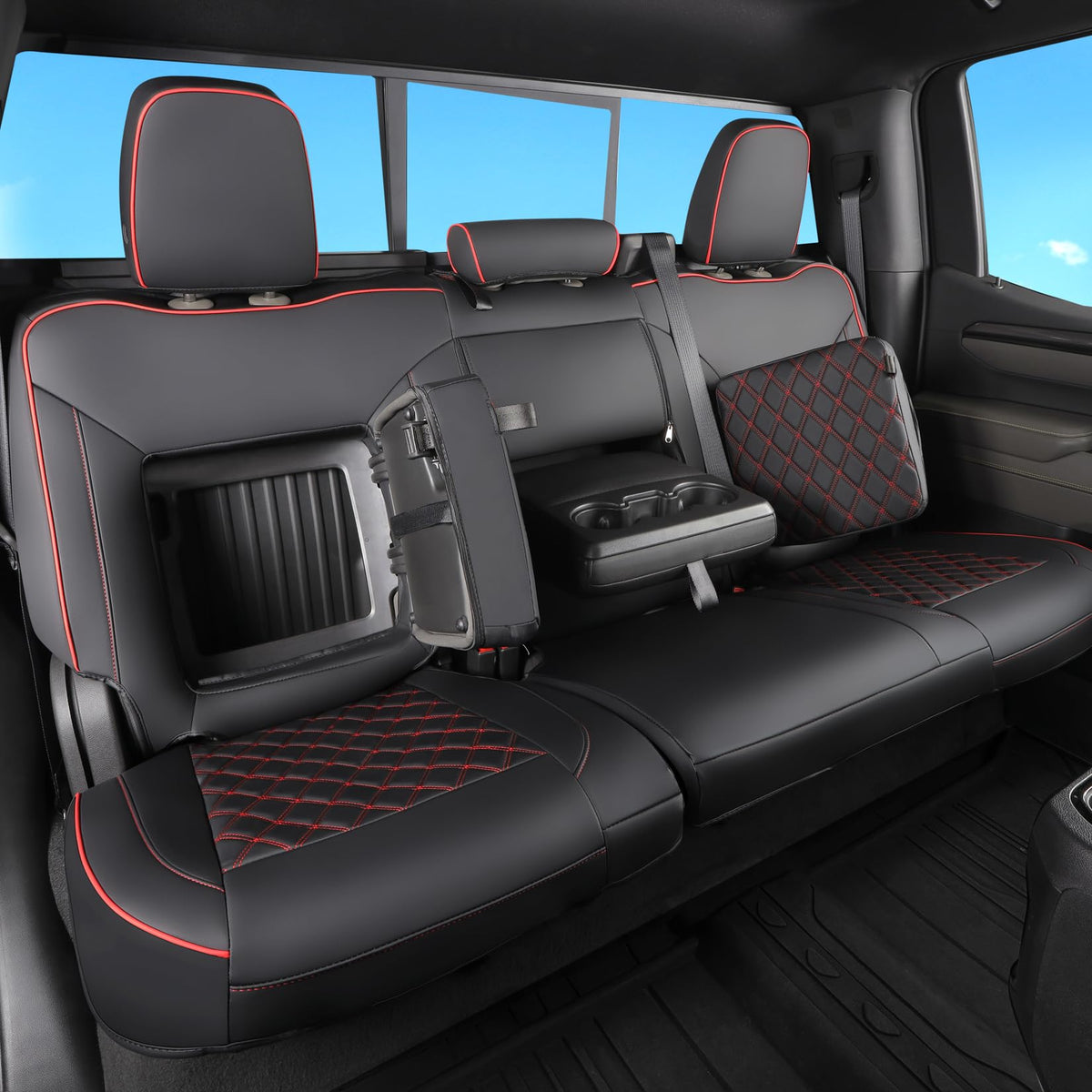 Faux Leather Seat Covers Full Set Black with Red Trim W251886