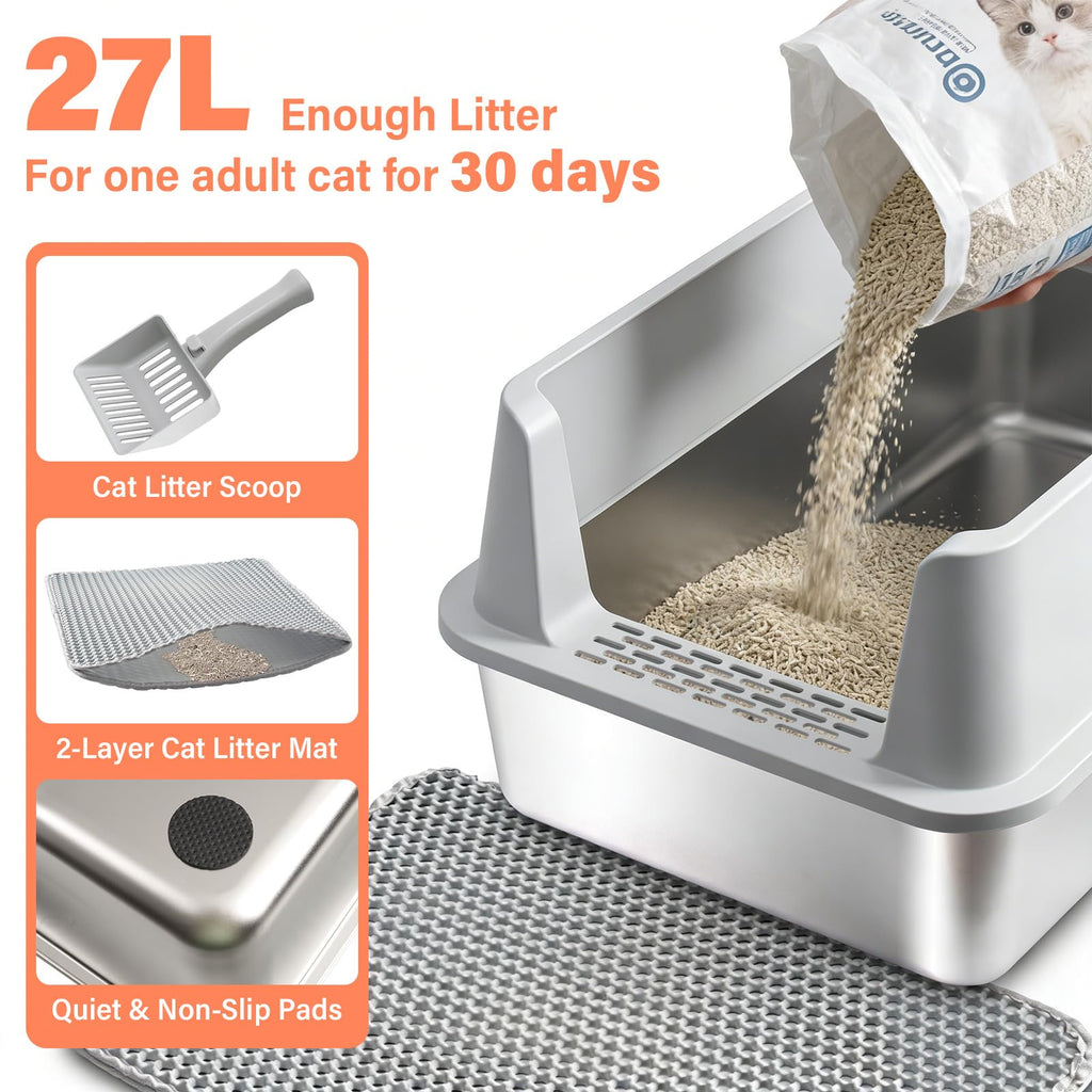 XL Stainless Steel Cat Litter Box with Lid and Scoop Z29226
