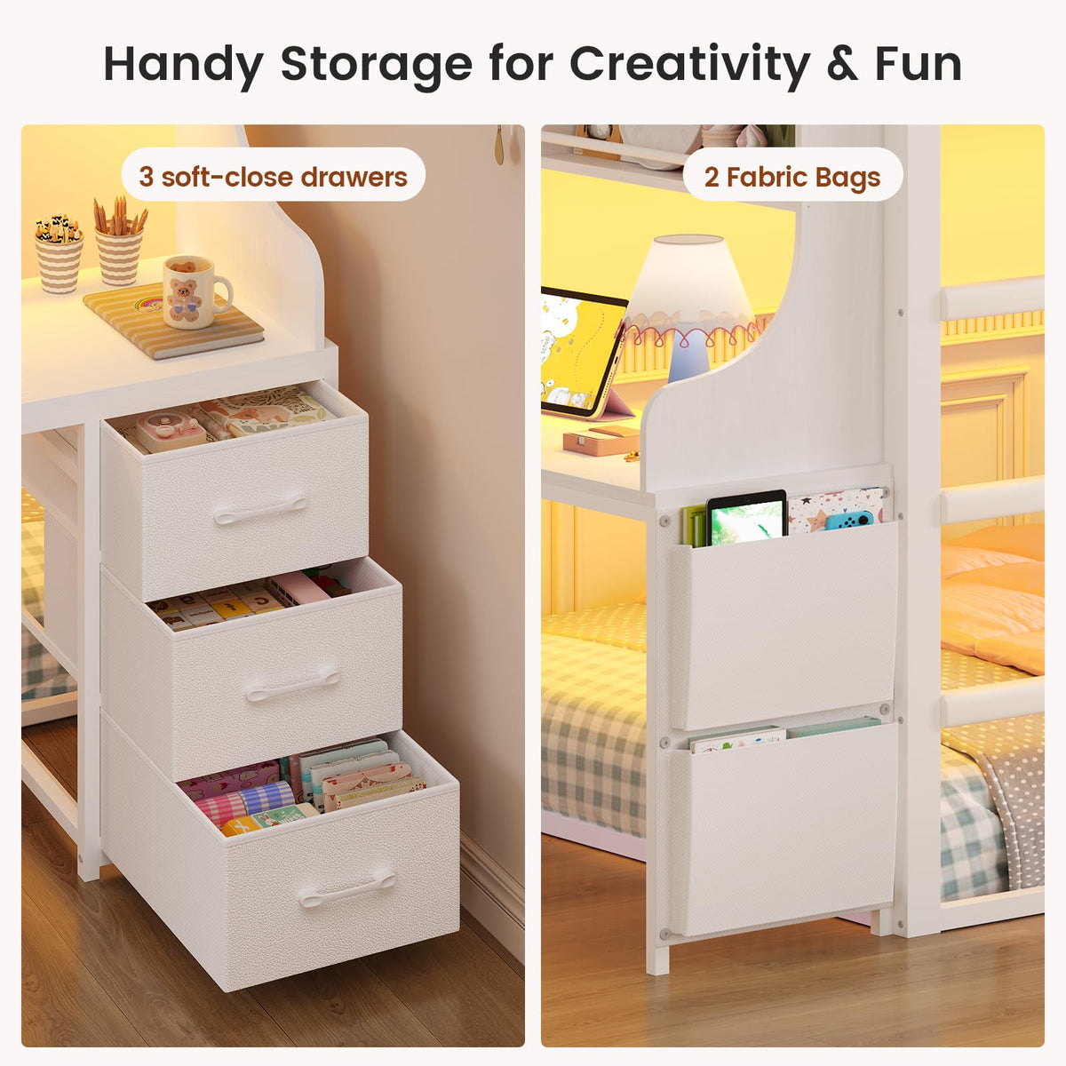 White Twin Over Twin Low Bunk Bed with Desk & 3 Storage Drawers A939983