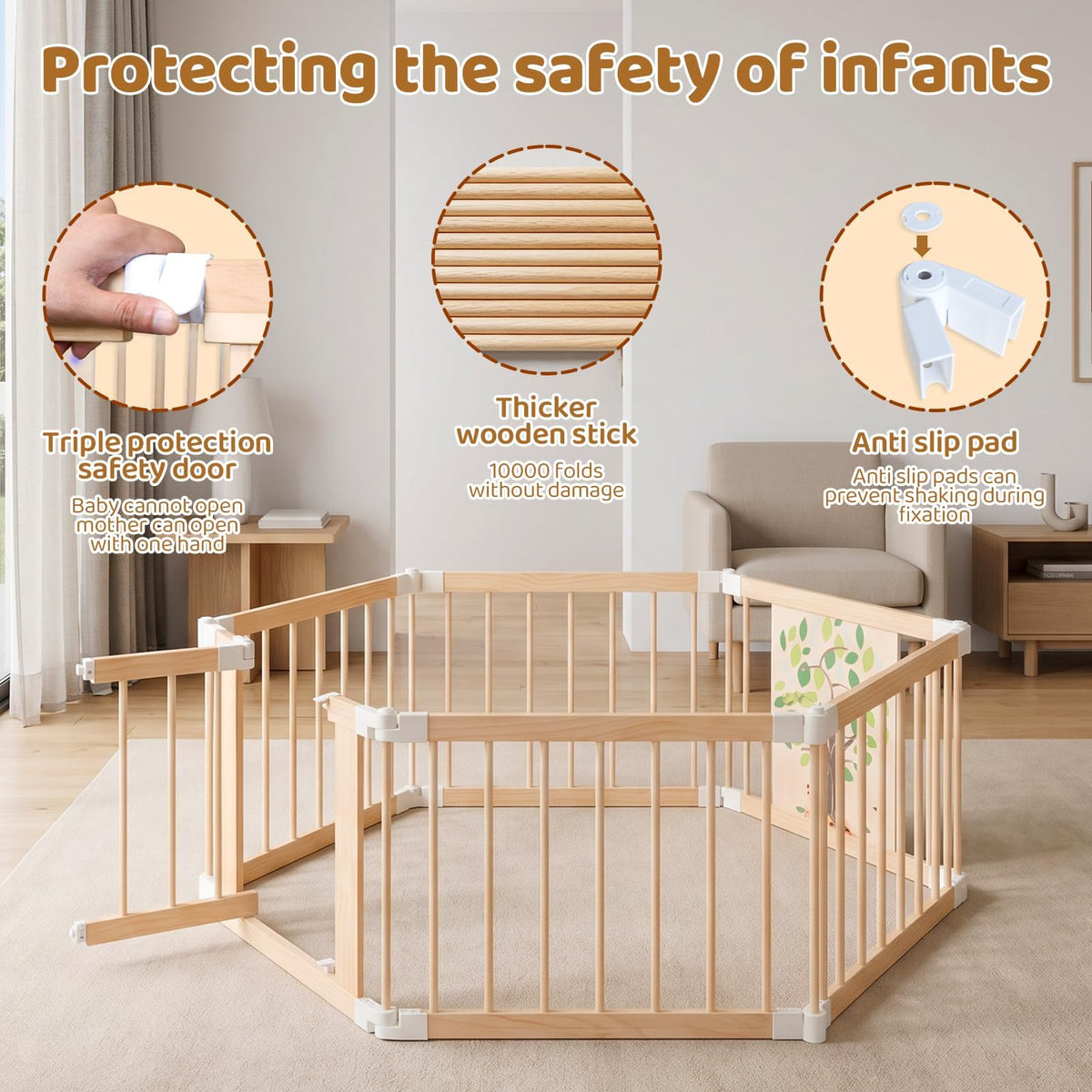 Foldable Wooden Baby Playpen with Adjustable Size and Shape W250859