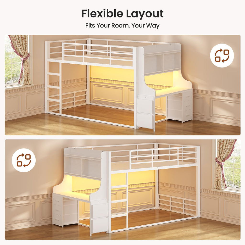 White Twin Over Twin Low Bunk Bed with Desk & 3 Storage Drawers A939983