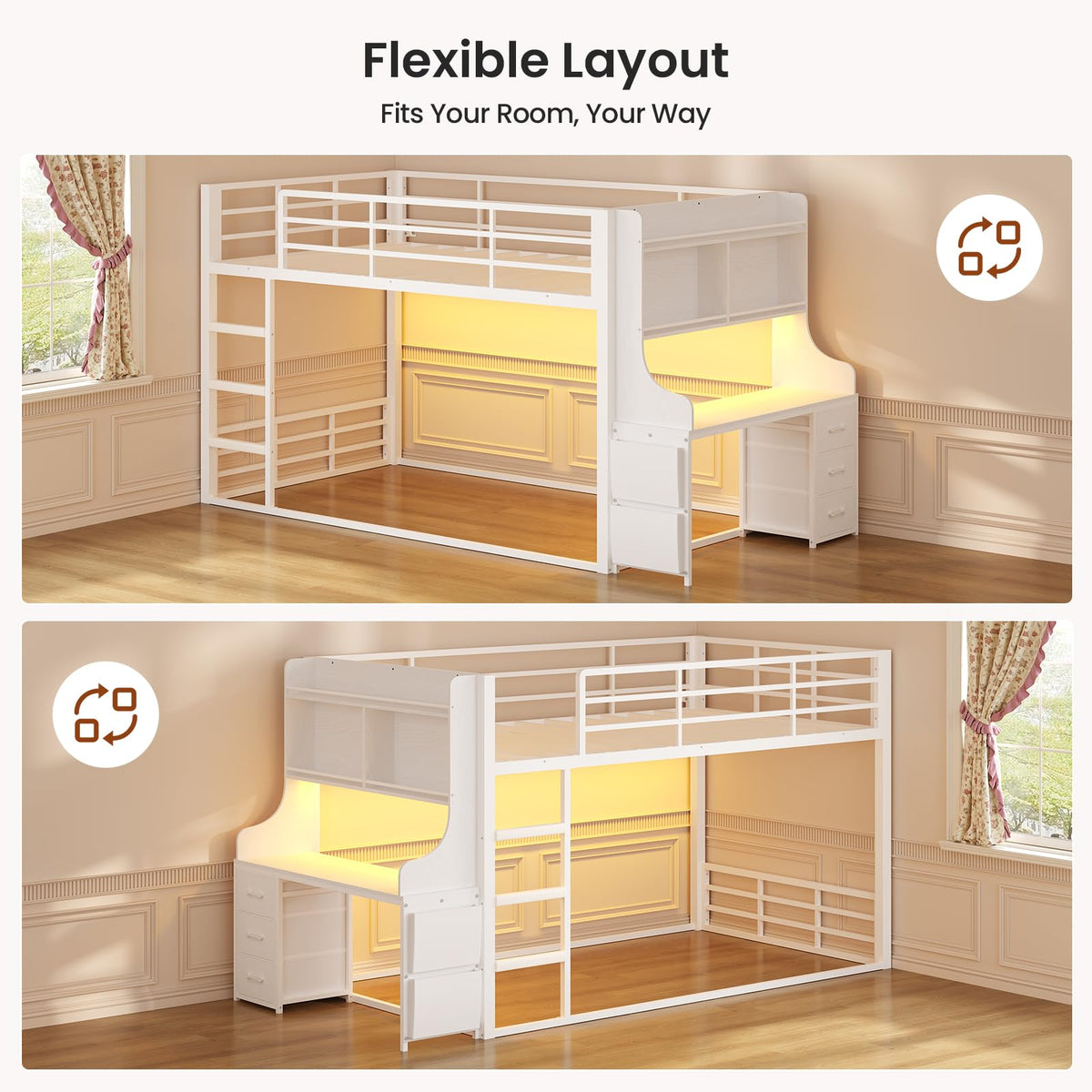 White Twin Over Twin Low Bunk Bed with Desk & 3 Storage Drawers A939983