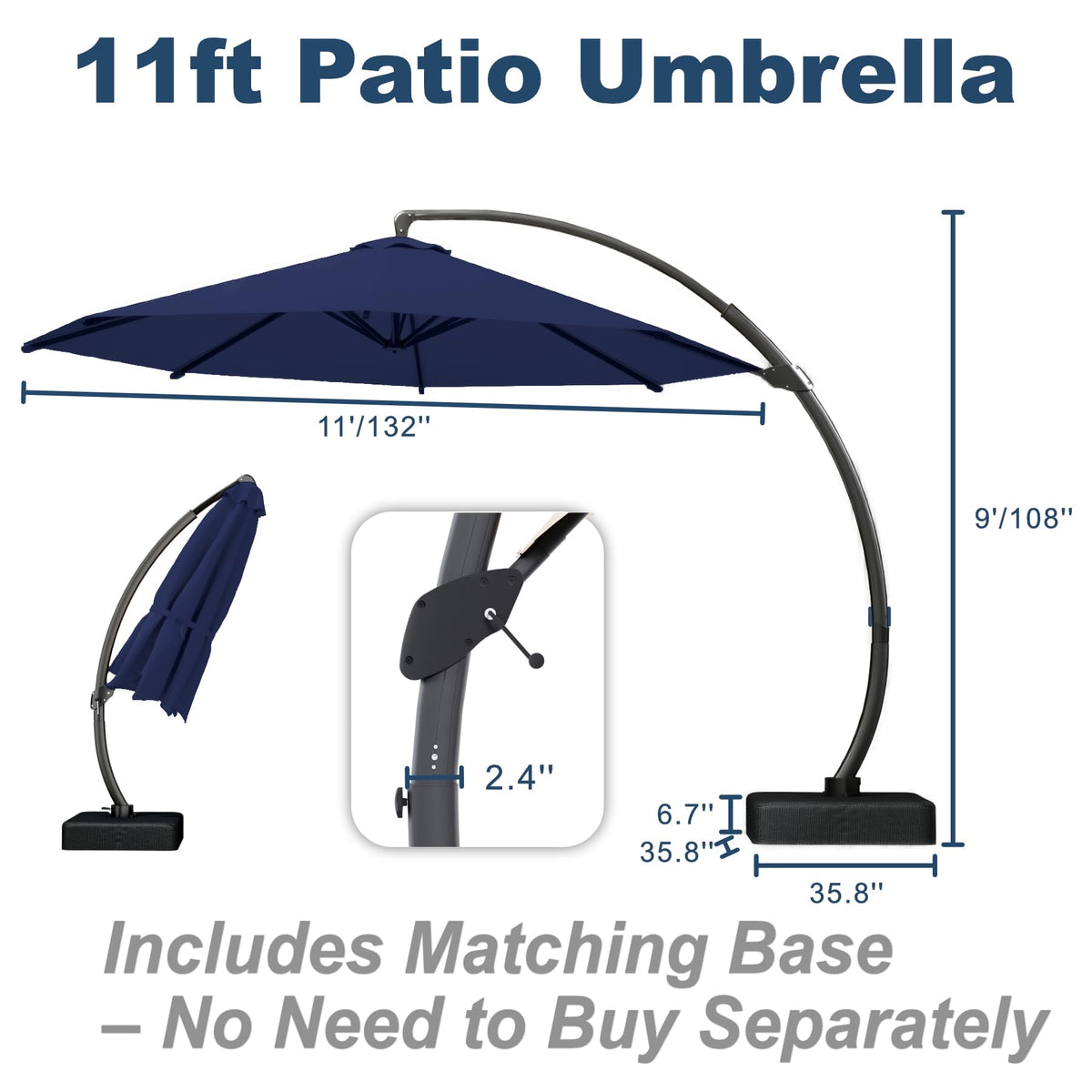 11FT Navy Blue Aluminum Cantilever Umbrella with Base L3977