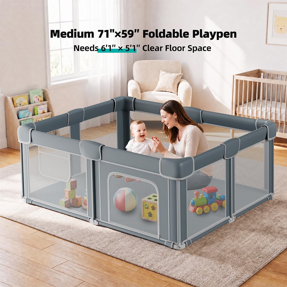 Foldable Baby Playpen with Mat, 71x59 Inches, Grey D271