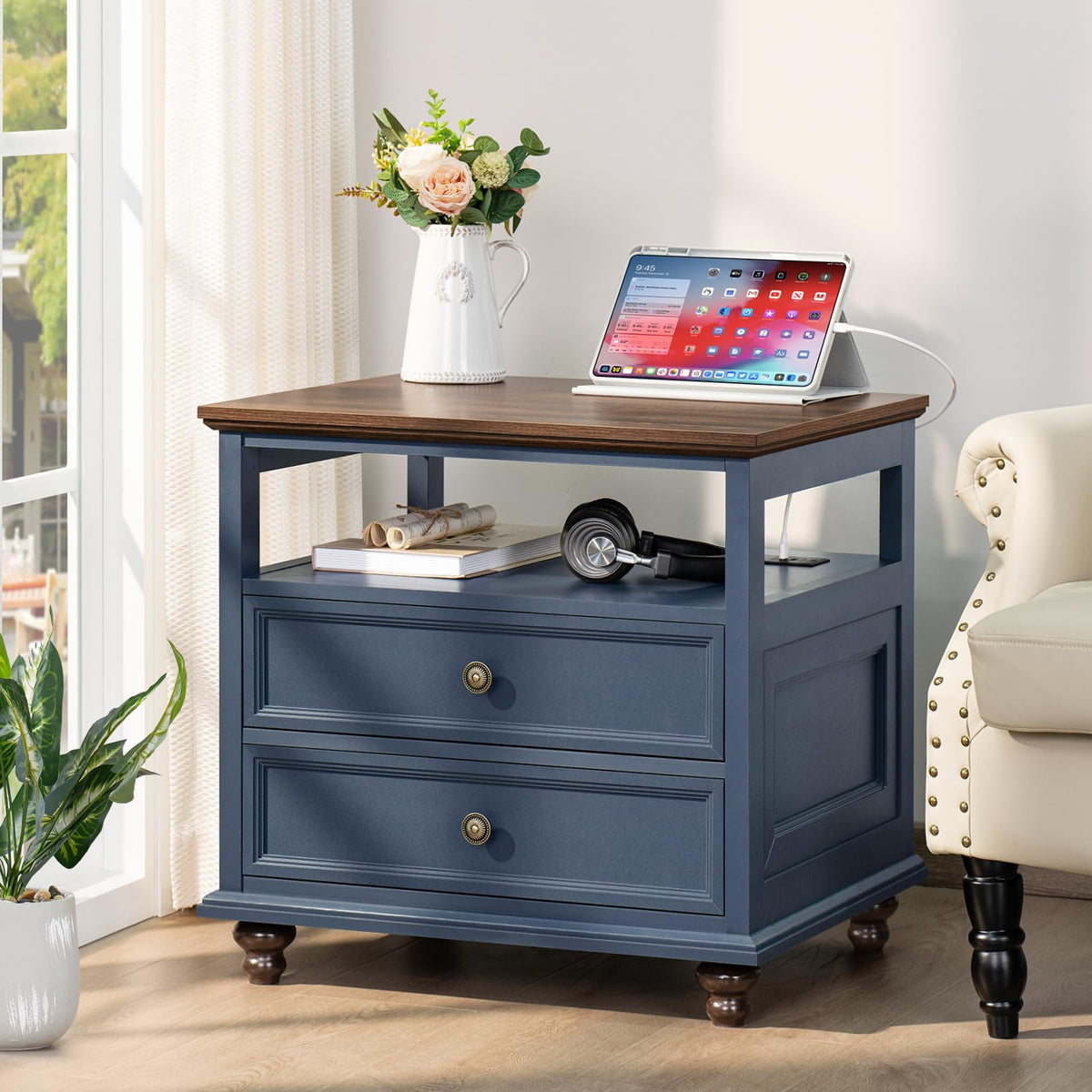Blue 2 Drawer Wood Nightstand U51006