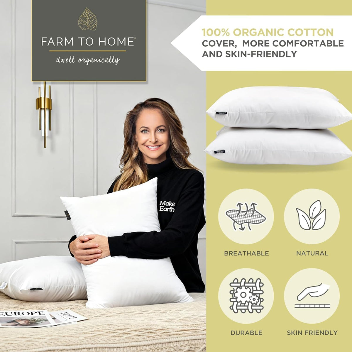 100% Organic Cotton Cover King Size Bed Pillows Set of 2 G255320