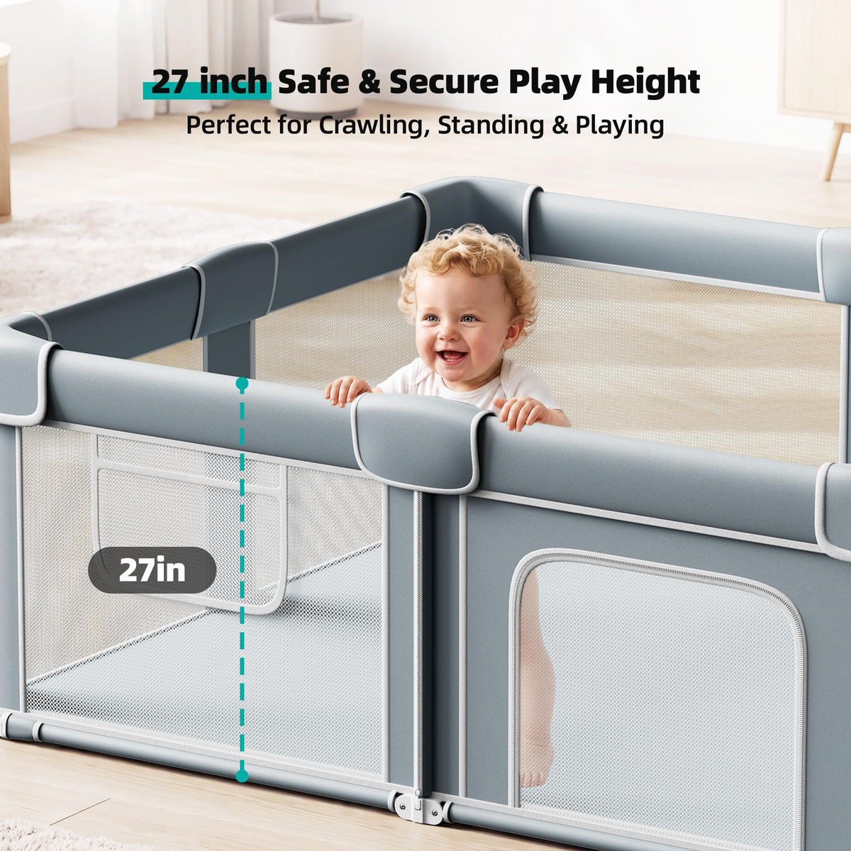 Foldable Baby Playpen with Mat, 71x59 Inches, Grey D271