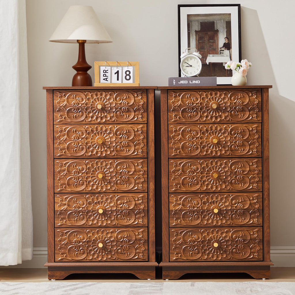 5 Drawer Narrow Wooden Dresser with Gold Handles N587