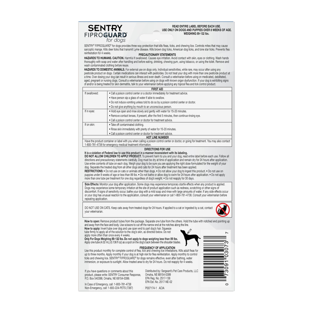 Flea & Tick Dogs 89-132 lbs Fipronil 6-Month K13415
