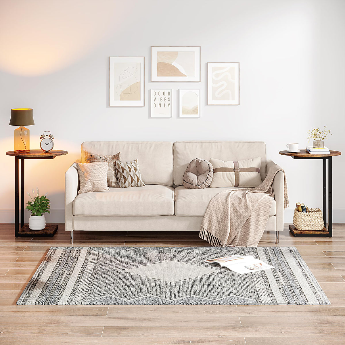Small C-Shaped Wood Side Table Set of 2 with Metal Frame U145