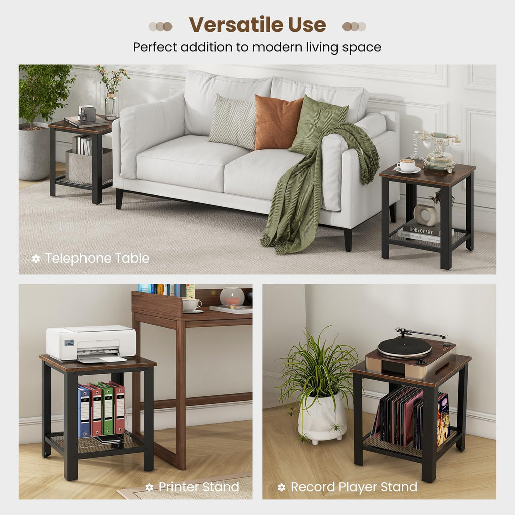 2-Tier End Table Set of 2, 16 Inch Side Table with Mesh Storage Shelf P686