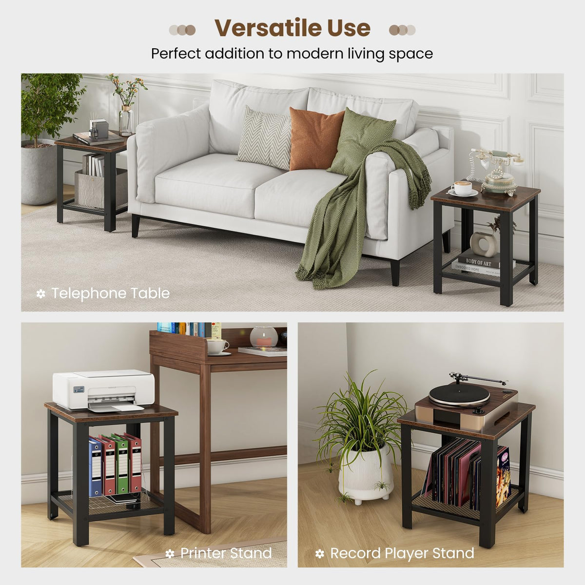 2-Tier End Table Set of 2, 16 Inch Side Table with Mesh Storage Shelf P686