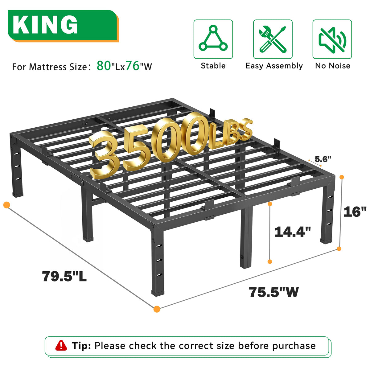 16 Inch King Size Black Metal Platform Bed Frame I529006