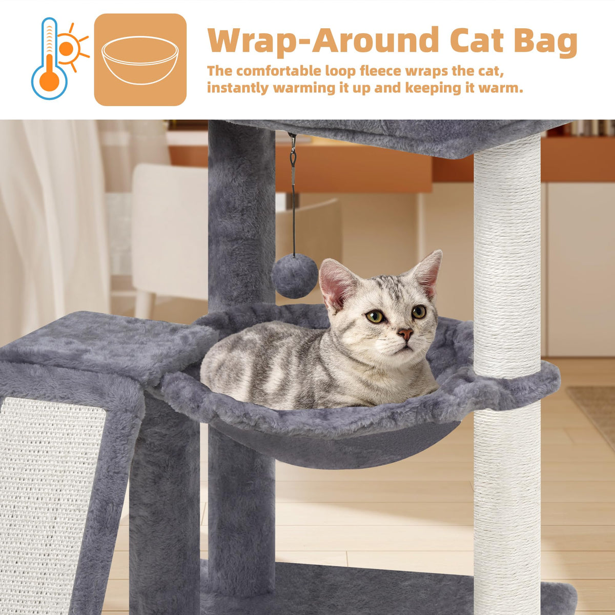 Cat Tree with Scratching Post and Hammock, Grey Y28422