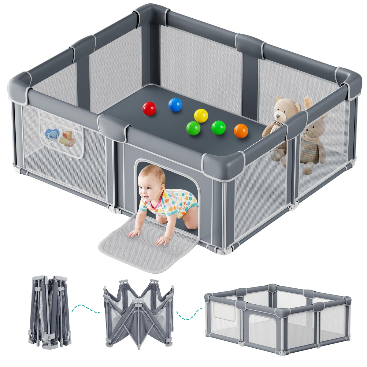 Foldable Baby Playpen with Mat, 71x59 Inches, Grey D271