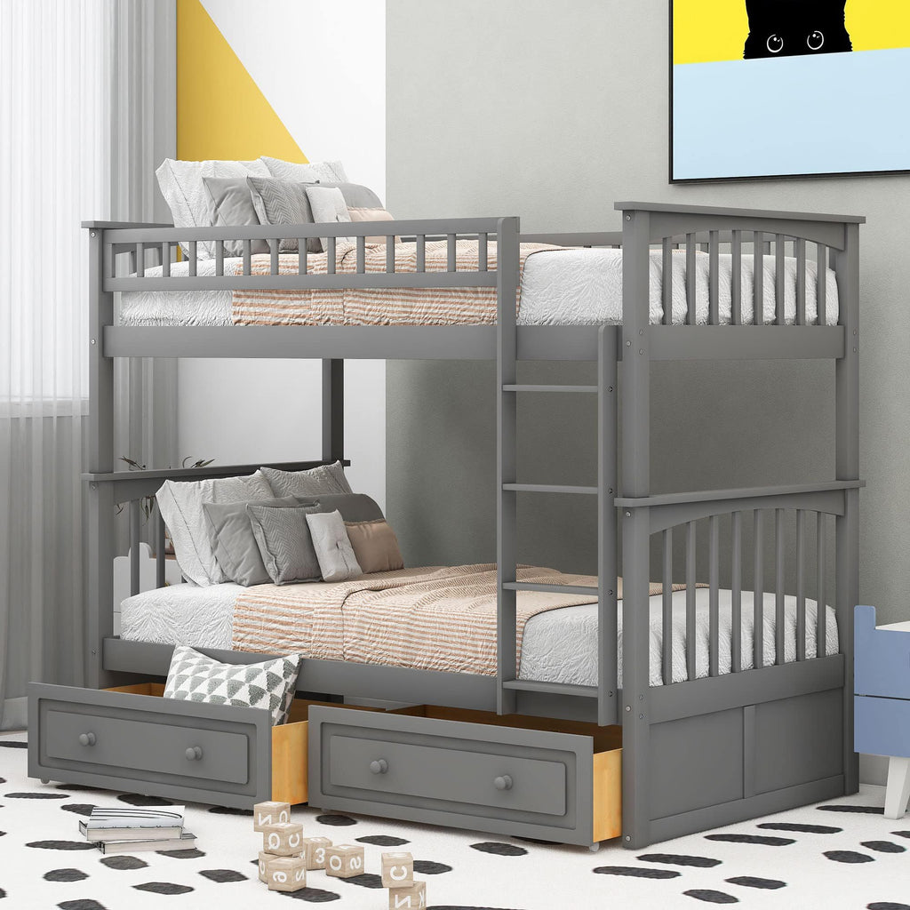 Grey Convertible Wood Twin-Over-Twin Bunk Bed with Storage Drawers and Ladder P7357