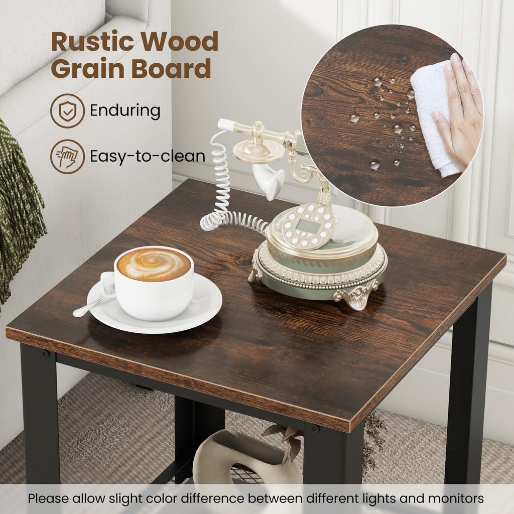2-Tier End Table Set of 2, 16 Inch Side Table with Mesh Storage Shelf P686