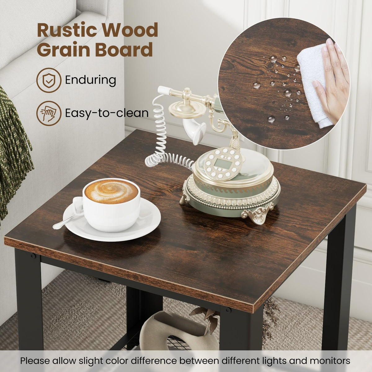 2-Tier End Table Set of 2, 16 Inch Side Table with Mesh Storage Shelf P686