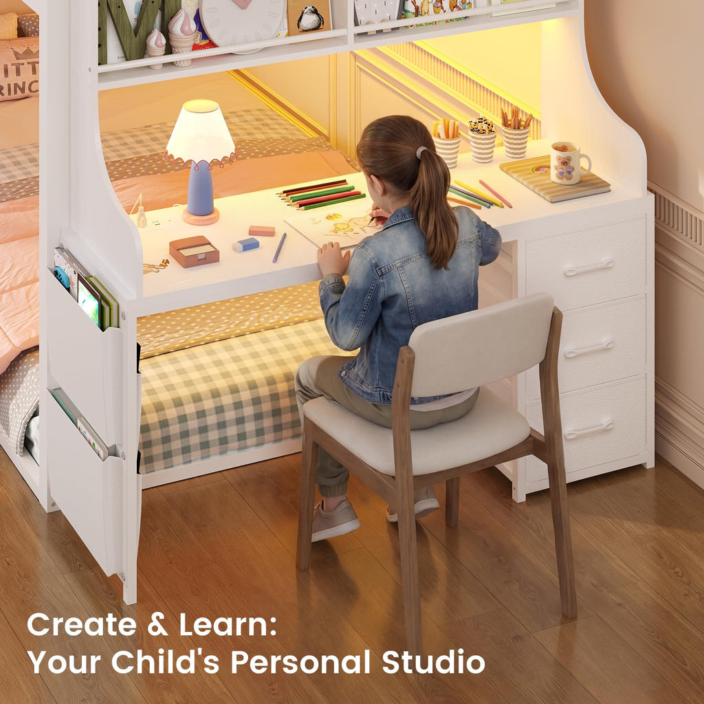 White Twin Over Twin Low Bunk Bed with Desk & 3 Storage Drawers A939983