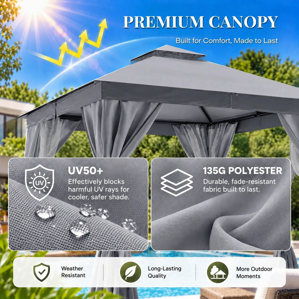 8x8 Gazebo Canopy with Netting, Curtains & Double Roof D887422