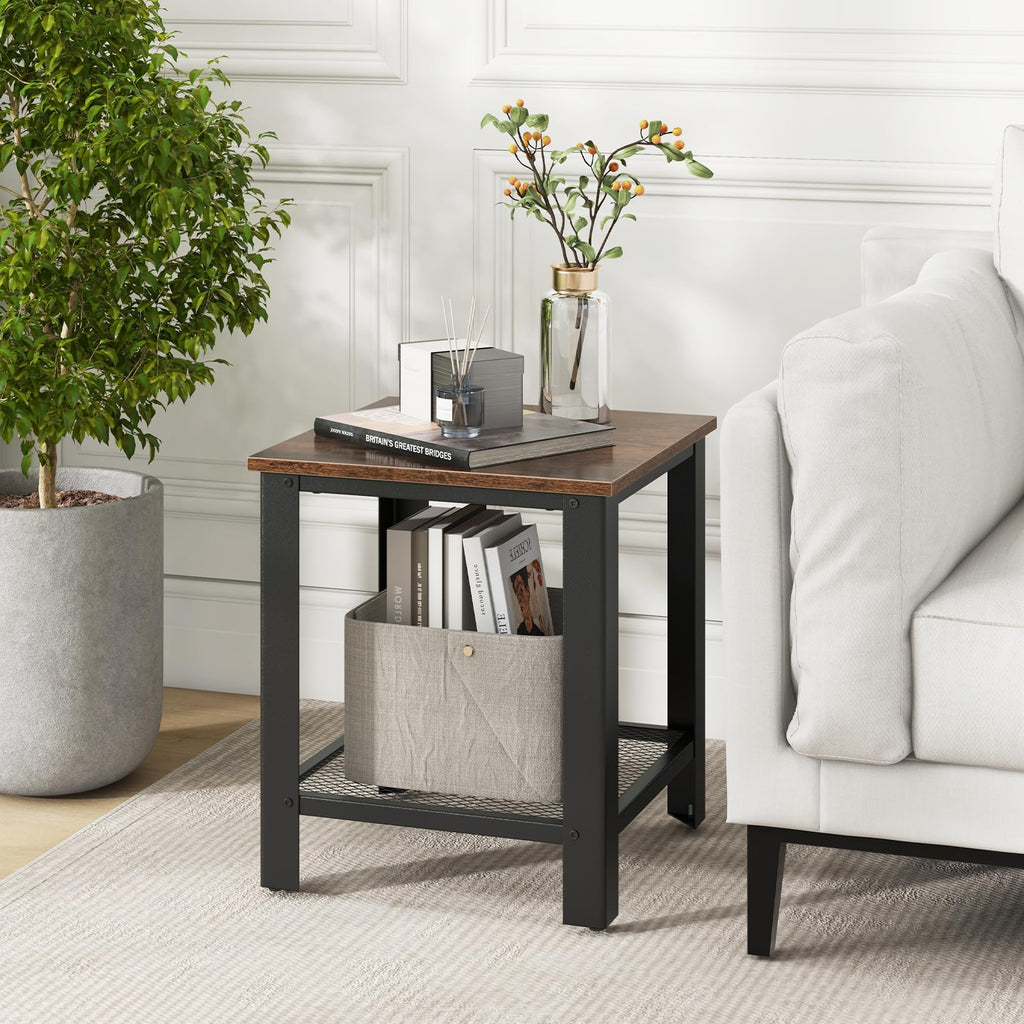 2-Tier End Table Set of 2, 16 Inch Side Table with Mesh Storage Shelf P686