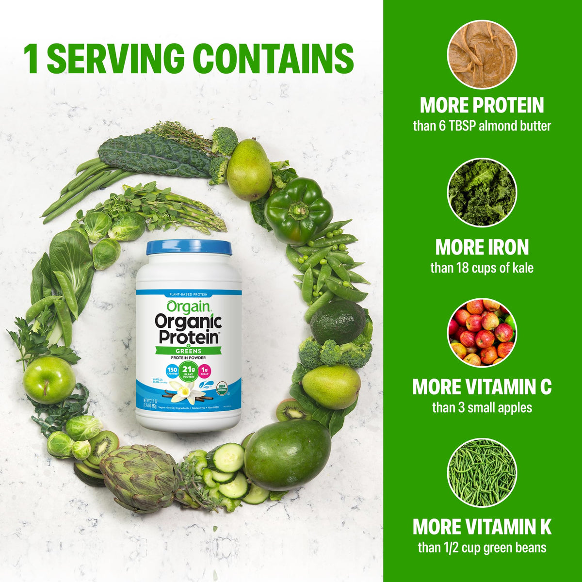 Organic Vegan Protein Powder + Greens Vanilla Bean 21g Plant Based Gluten Free Dairy Free 1.94lb T97235