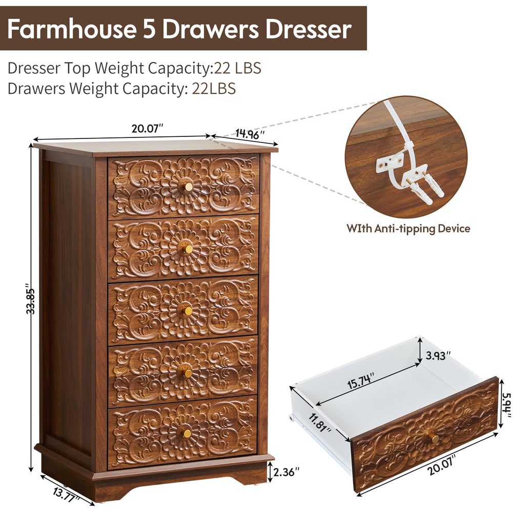 5 Drawer Narrow Wooden Dresser with Gold Handles N587