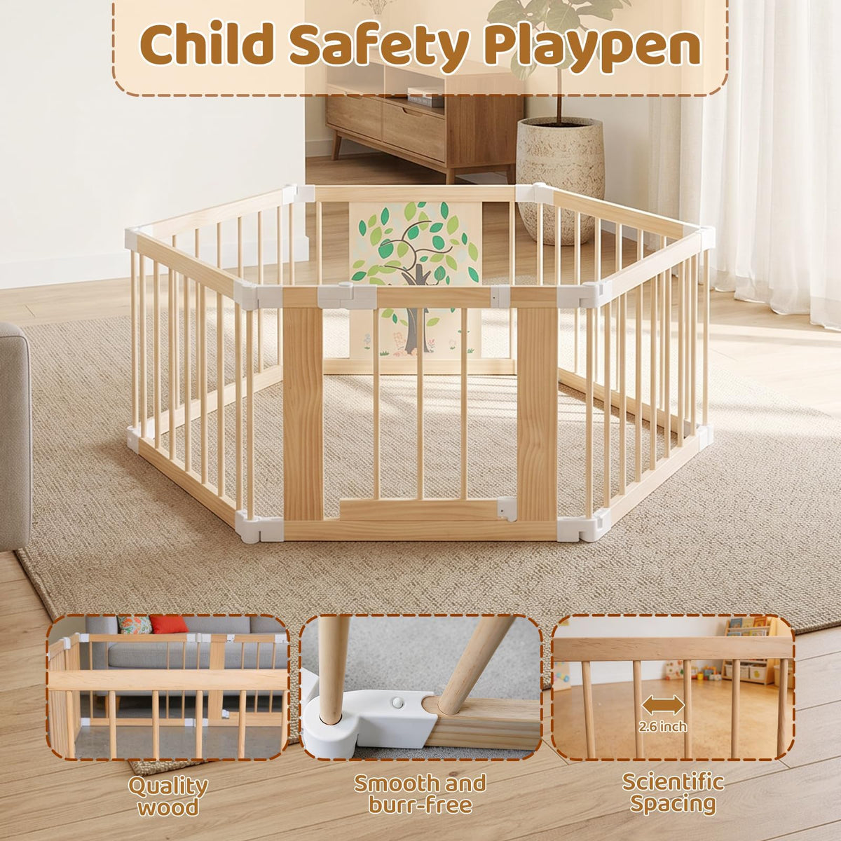 Foldable Wooden Baby Playpen with Adjustable Size and Shape W250859